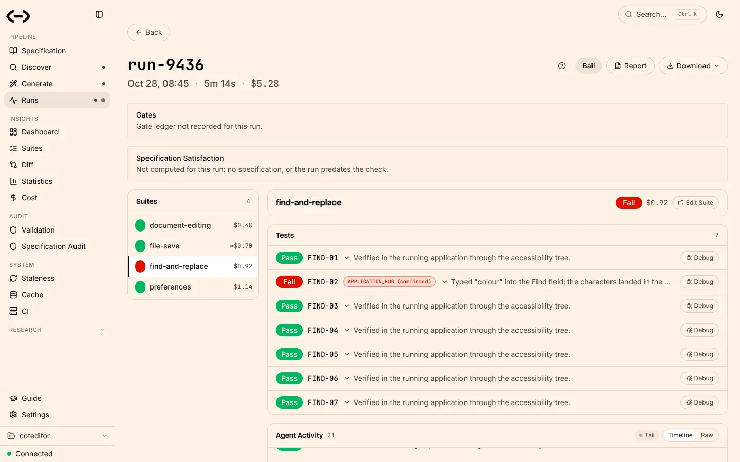 Vargus run detail of a desktop application suite with one bug confirmed by replay