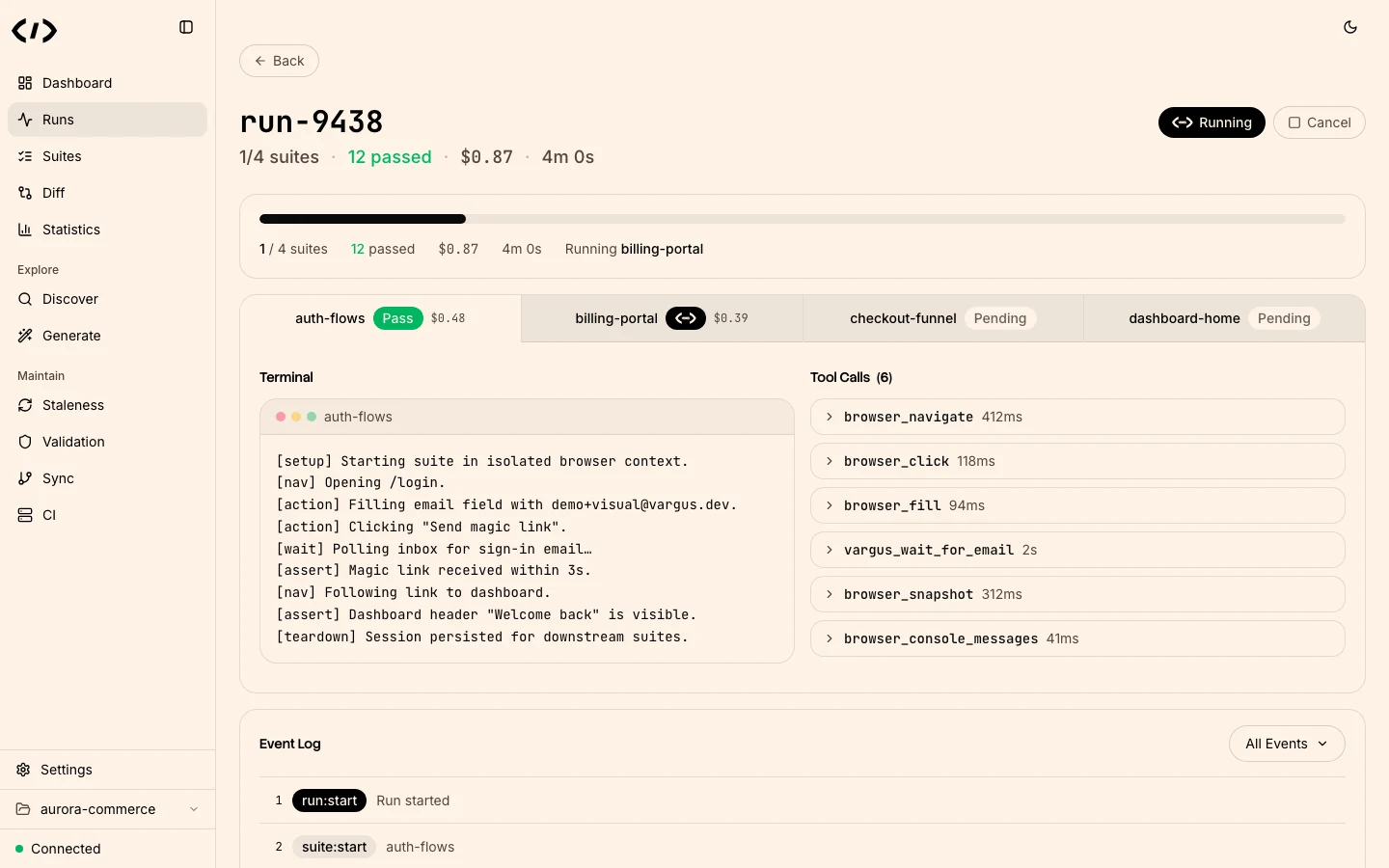 Vargus run detail showing suite progress and logs